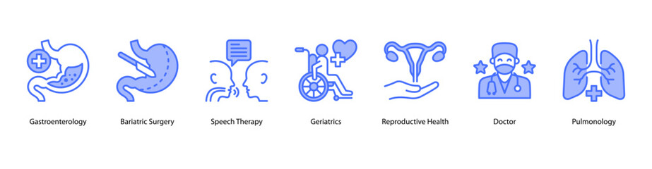 Clinical Focus web banner icon vector illustration featuring Gastroenterology, Bariatric Surgery, Speech Therapy, Geriatrics, Reproductive Health, Doctor, and Pulmonology.