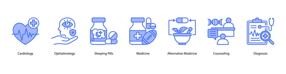 Health Insight web banner icon vector illustration featuring Cardiology, Ophtalmology, Sleeping Pills, Medicine, Alternative Medicine, Counseling, and Diagnosis.