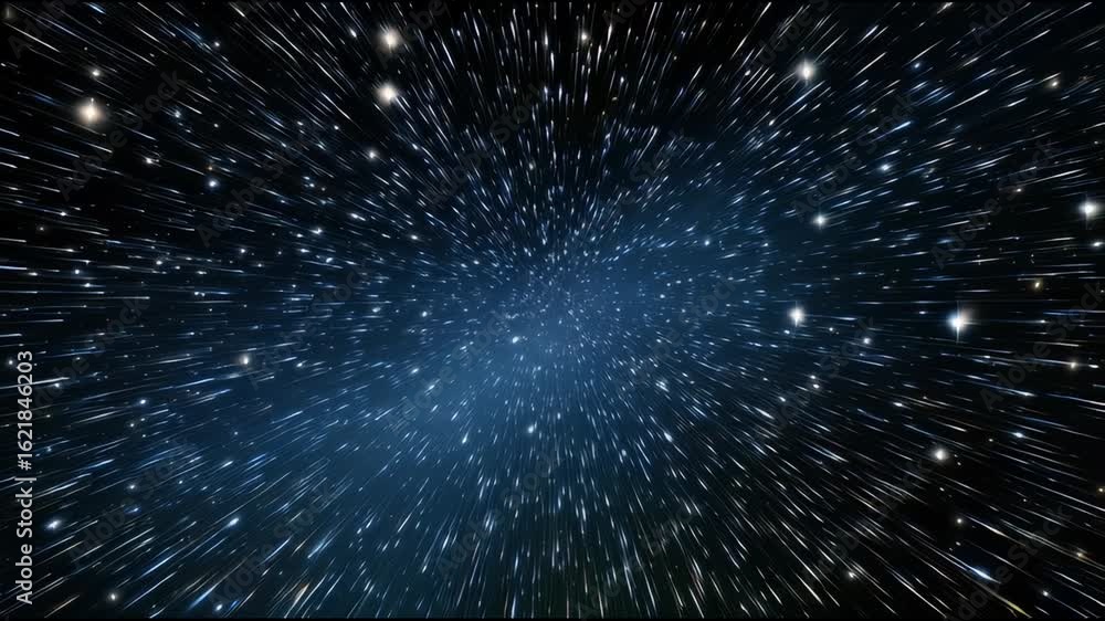 Poster starfield with streaks of light creating dynamic space warp effect evoking cosmic speed and vastness