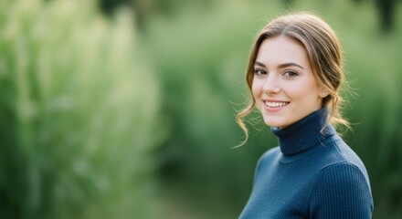 Naklejka premium Smiling Woman in Natural Green Setting