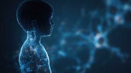 Silhouette of a child midframe with highlighted insulin receptors malfunctioning outoffocus cellular network behind to represent breakthrough in juvenile diabetes understanding.
