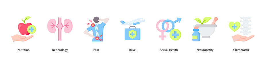 Holistic Health web banner icon vector illustration featuring Nutrition, Nephrology, Pain, Travel, Sexual Health, Naturopathy, and Chiropractic.