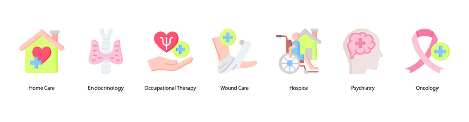 Supportive Care web banner icon vector illustration featuring Home Care, Endocrinology, Occupational Therapy, Wound Care, Hospice, Psychiatry, and Oncology.