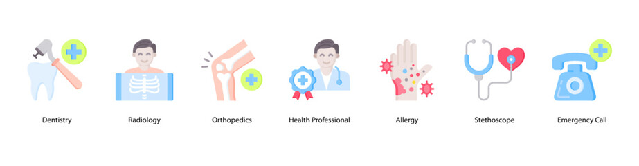 Medical Roles web banner icon vector illustration featuring Dentistry, Radiology, Orthopedics, Health Professional, Allergy, Stethoscope, and Emergency Call.