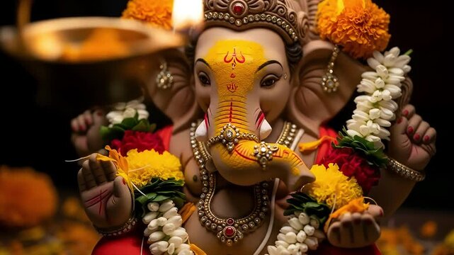 Happy ganesh chaturthi close up of lord ganesha idol with floral garland and diya light celebrating spirituality tradition and joy