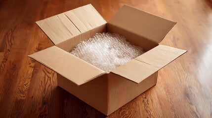 Overhead View of Open Cardboard Box with Bubble Wrap