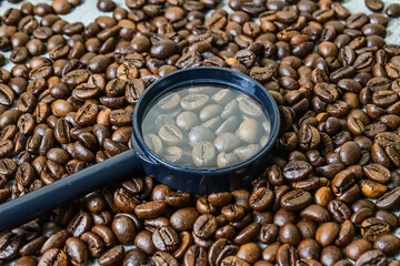 Close up view of roasted coffee beans with magnifying glass. scattered on grey or gray cement as...