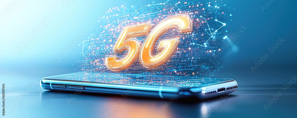 Poster 5g smartphone with speed test results displayed, showcasing advanced technology and connectivity in 