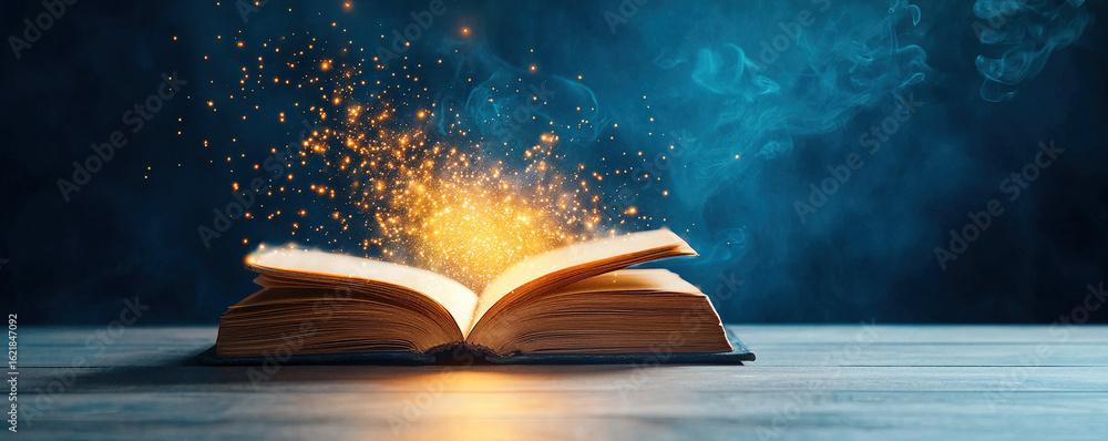 Poster open spellbook emits magical sparks and glowing light, creating enchanting atmosphere. dark backgrou
