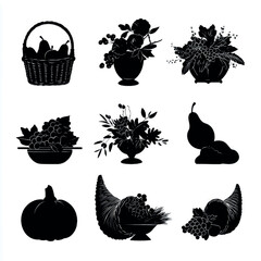 vector illustration of cornucopia silhouette set, Black & White silhouette set 