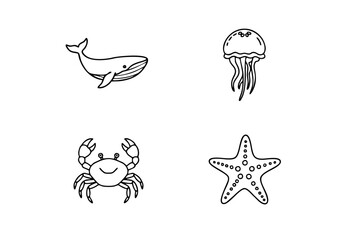 Set of sea animal icons including a whale, jellyfish, crab, and starfish. Cute minimalist line art doodle illustrations.