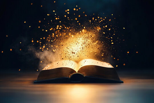 Glowing book emits magical sparks, creating enchanting atmosphere. ancient pages seem alive with energy and mystery