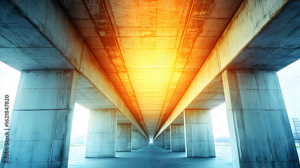 Poster underside view of a concrete bridge structure.
