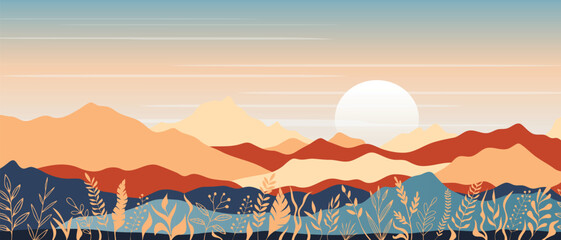 Autumn stylized landscape, minimalistic landscape, mountain sunrise and sun, vector illustration, panoramic view