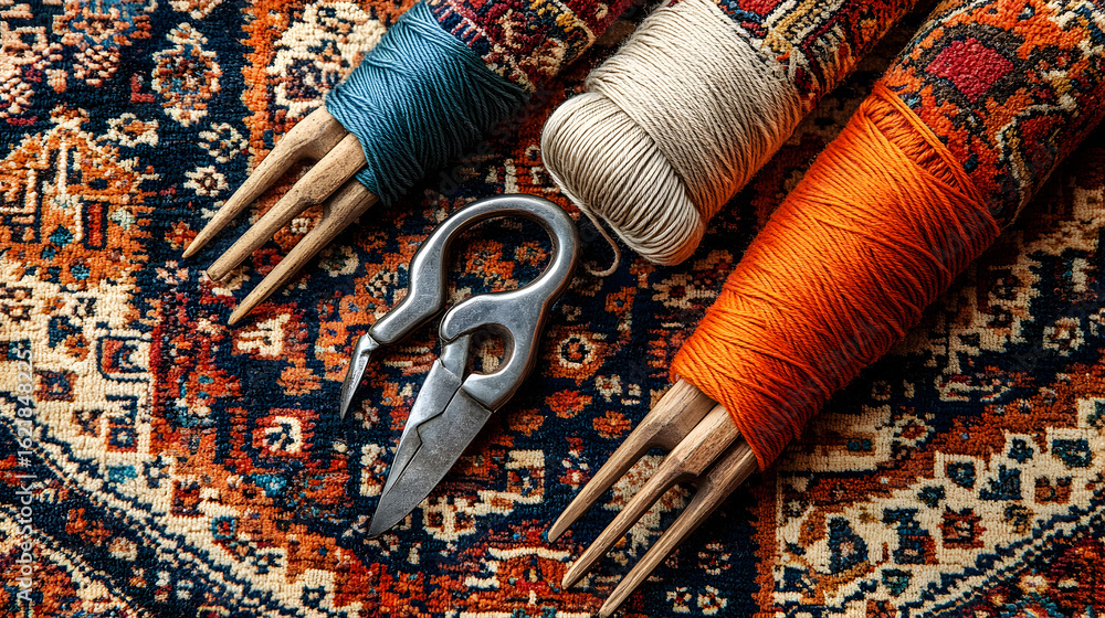 Poster three spools of thread, scissors, and a section of patterned rug.
