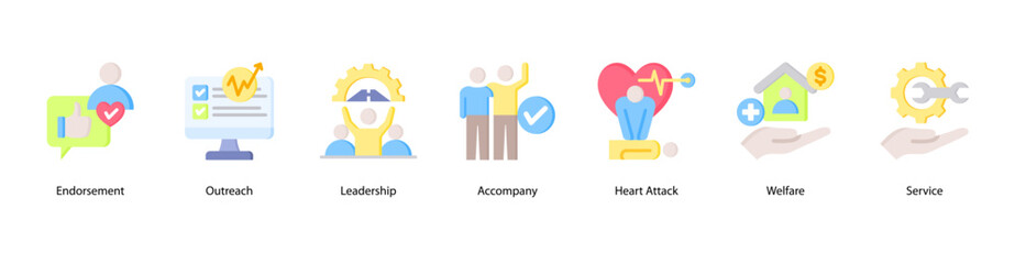 Leadership Acts web banner icon vector illustration featuring Endorsement, Outreach, Leadership, Accompany, Heart Attack, Welfare, and Service.