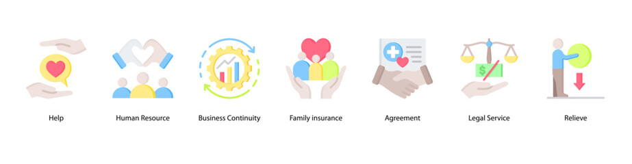 Help & Benefit web banner icon vector illustration featuring Help, Human Resource, Business Continuity, Family Insurance, Agreement, Legal Service, and Relieve.
