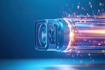 Close up shot of premium smartphone camera module showcasing advanced technology and design, with dynamic light effects creating sense of speed
