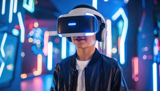 Child wearing VR headset in futuristic space - Powered by Adobe