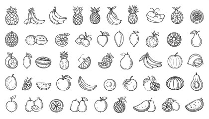 Hand-drawn assorted fruits, doodle sketch style, various fruit illustrations vector set