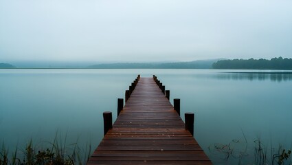 Obraz premium A wooden pier stretches into a tranquil lake on a misty morning, evoking serenity.