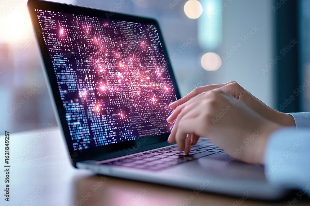 Poster futuristic digital workspace with hands typing laptop, displaying vibrant data visualization and hol