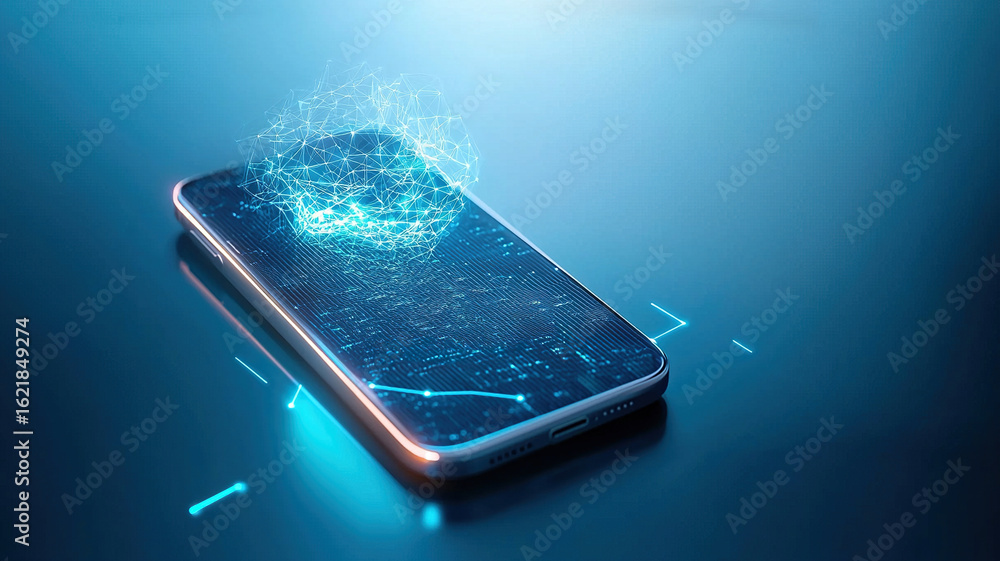 Aufkleber futuristic smartphone with glowing holographic interface displaying digital data and connections, sh