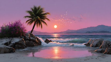 Serene tropical beach at sunset with a full moon rising over the ocean and vibrant pink and purple sky reflecting on calm water