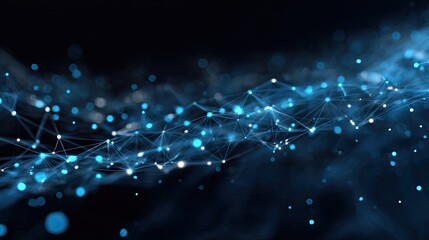 Abstract digital network.  A dark background is filled with swirling streams of light blue particles and lines connecting them.  Network design