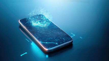 Futuristic smartphone with glowing holographic interface displaying digital data and connections, showcasing advanced technology and innovation