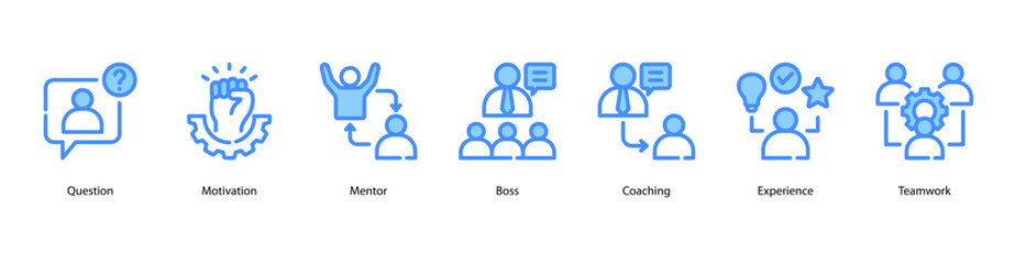 Coaching Drive web banner icon vector illustration featuring Question, Motivation, Mentor, Boss, Coaching, Experience, and Teamwork.