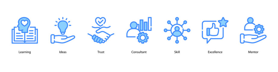 Learning Path web banner icon vector illustration featuring Learning, Ideas, Trust, Consultant, Skill, Excellence, and Mentor.