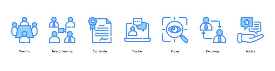 Work Meeting web banner icon vector illustration featuring Meeting, Teleconference, Certificate, Teacher, Focus, Exchange, and Advice.