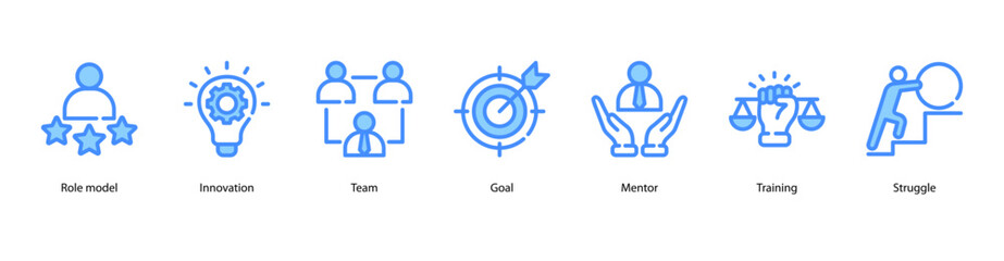 Role Model web banner icon vector illustration featuring Role Model, Innovation, Team, Goal, Mentor, Training, and Struggle.