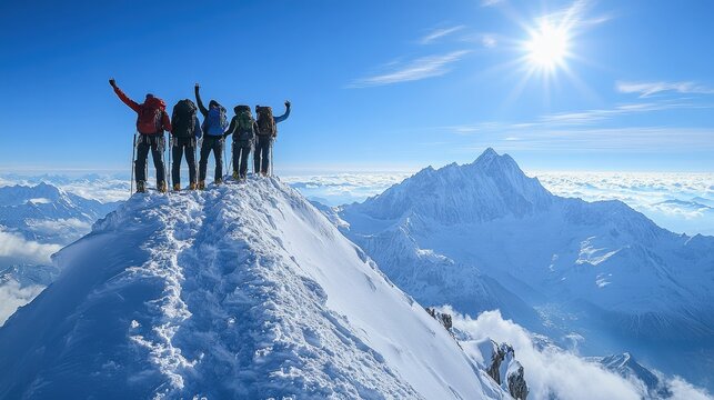 Group of climbers celebrating at snowy mountain peak