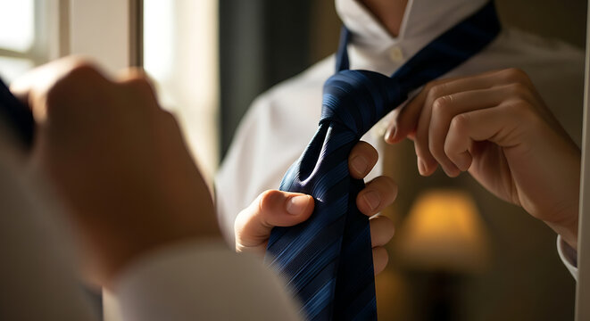 A businessman adjusts his blue striped necktie while looking in the mirror. A close-up of a man's morning routine preparing for a formal event.