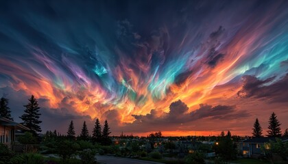 Colorful sunset over town