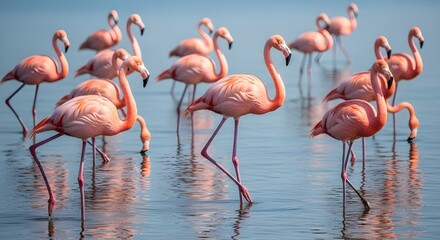 Shallow Blue Lagoon on a Bright Sunny Day, Showcasing Vibrant Plumage, Serene Wetland Habitat, and the Beauty of Exotic Wading Birds in Nature