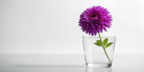 A single purple aster flower sits atop a transparent plastic cup on a clean white background