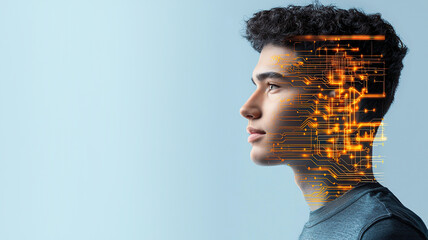 Hyperrealistic portrait of cybernetic human with digital circuitry, showcasing blend of technology and humanity, evoking curiosity and wonder