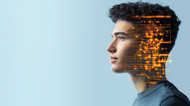 Hyperrealistic portrait of cybernetic human with digital circuitry, showcasing blend of technology and humanity, evoking curiosity and wonder