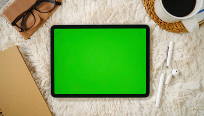 Workspace essentials with tablet, cozy background, glasses, notebook and hot beverage , Relaxed productivity with a green screen tablet and comforting accessories