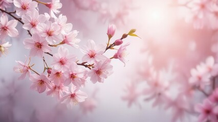 Obraz premium Delicate cherry blossoms in soft pink hues scattered on a blurred white background with subtle bokeh effect