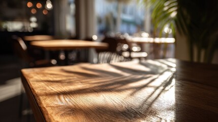 Cafe interior, wooden tables, sunlit shadows
