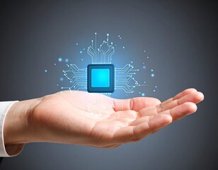 A hand holding a glowing blue CPU chip, representing the core of modern digital innovation and technological advancement.