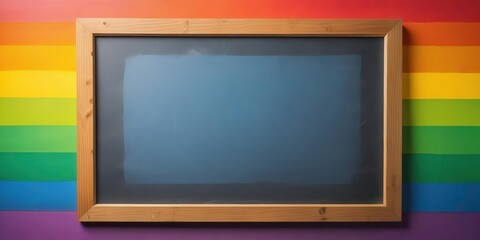 Old-fashioned blackboard with chalk marks against a vibrant rainbow-colored backdrop