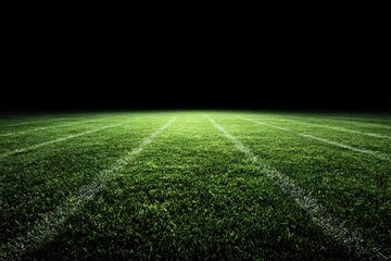 Empty sports field at night, lit by stadium lights.  Dark background,  bright green grass,  white field lines
