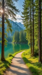 A winding forest path leads to a serene mountain lake surrounded by towering trees and lush greenery