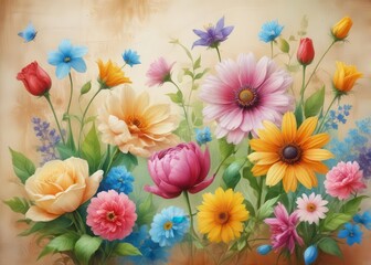 Colorful spring flowers in vibrant brush strokes on a canvas background with delicate petals and intricate details
