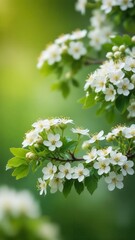 Hawthorn branches with white flowers against a natural green background